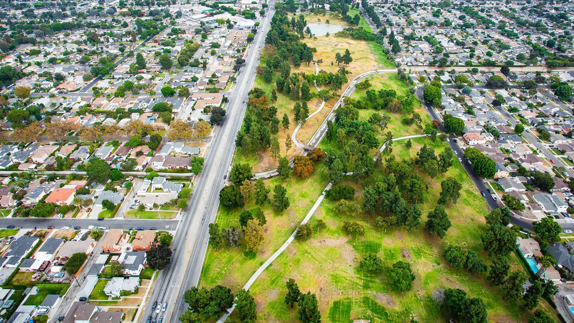 Aerial shot of Heartwell park, Long Beach, CA