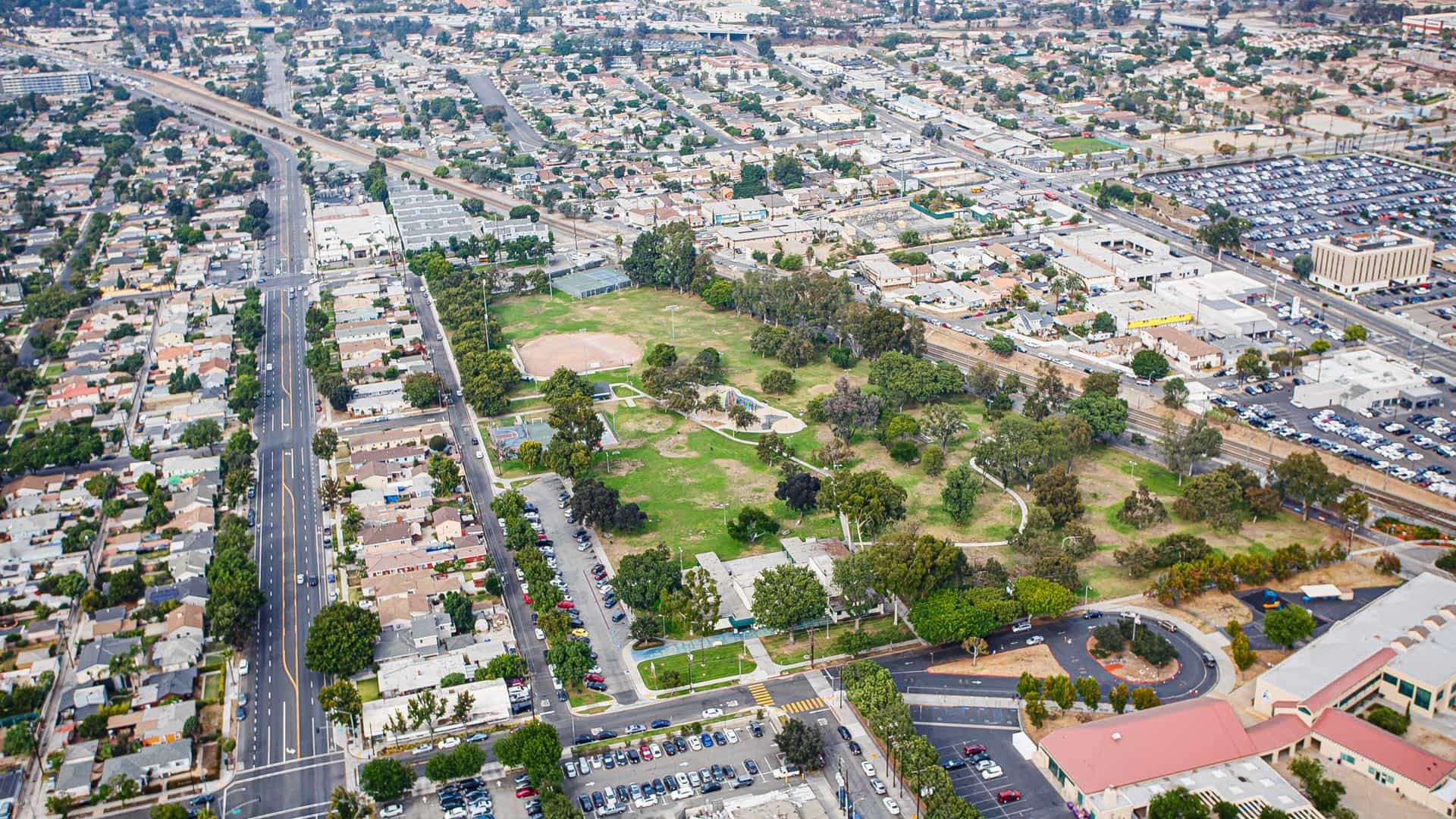 Aerial shot of Veterans Park, Long Beach, CA
